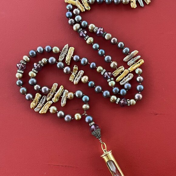 Hand Knotted Mixed Pearl Necklace with Hourglass Pendant, Long, Boho - Picture 3 of 5